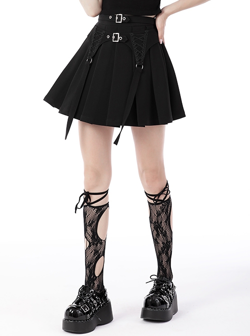 Punk Style Exquisite Lace Cross Strap Metal Ring Long Streamer Rock Black Double Buckle Pleated Skirt