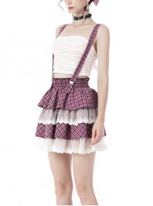 Punk Style Cross Strap White Angel Wings Heart Buttons Layered Lace Sweet Black And Pink Plaid Cake Skirt
