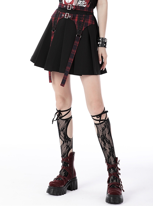 Punk Style Cool Red Plaid Stitching Metal Buckle Long Ribbon Personalized Black Double Buckle Pleated Skirt