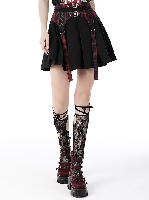 Punk Style Cool Red Plaid Stitching Metal Buckle Long Ribbon Personalized Black Double Buckle Pleated Skirt