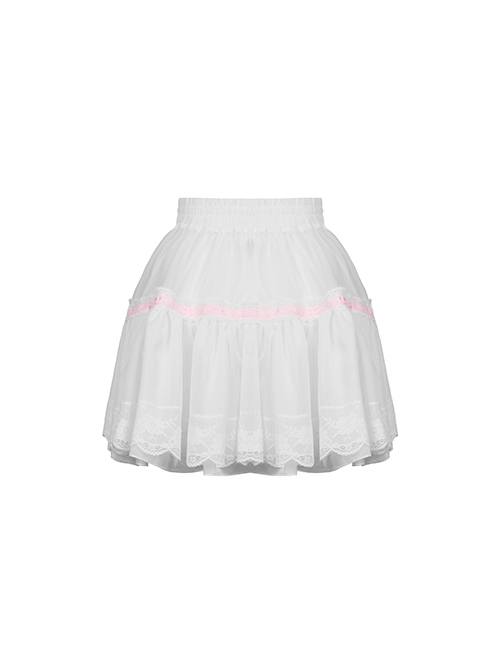 Gothic Style Sweet Mesh Lace Stitching Pink Ribbon Bowknot Cute White Mini Petticoat Tutu Skirt