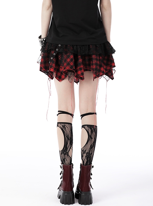 Punk Style Rebellious Girl Exquisite Black Lace Spider Web Stitching Irregular Hem Red Plaid Mini Skirt