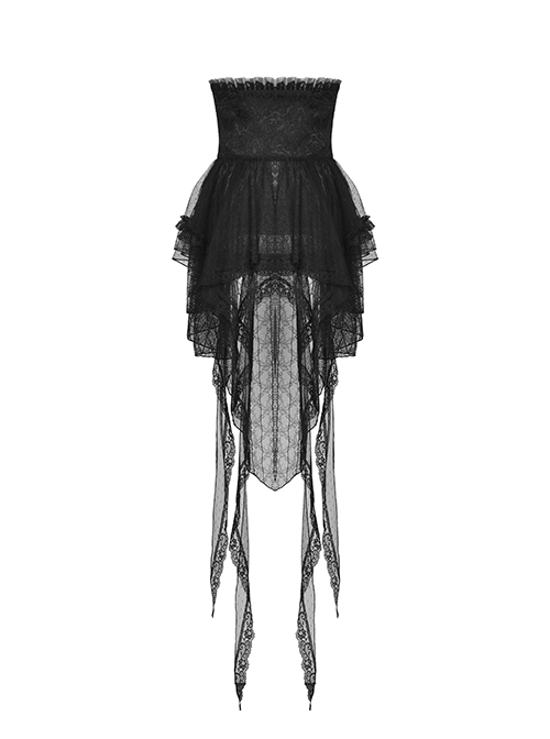 Gothic Style Gorgeous Flowing Lace Long Tail Leather Cross Strap Retro Black Waist Cake Skirt