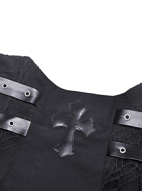 Punk Style Unique Leather Cross Double Belt Design Personalized Spider Net Lace Stitching Black Skirt