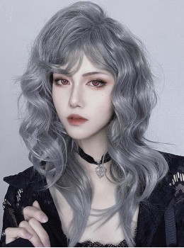 Handsome Smoky Gray Gothic Mid Split Bangs European Style Curly Hair Ouji Fashion Full Head Wig