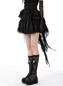Gothic Style Exquisite Embroidered Lace Mesh Leather Strap Waist Luxury Long Tail Black Cake Skirt