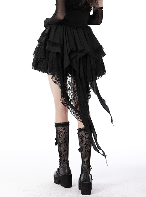 Gothic Style Exquisite Embroidered Lace Mesh Leather Strap Waist Luxury Long Tail Black Cake Skirt