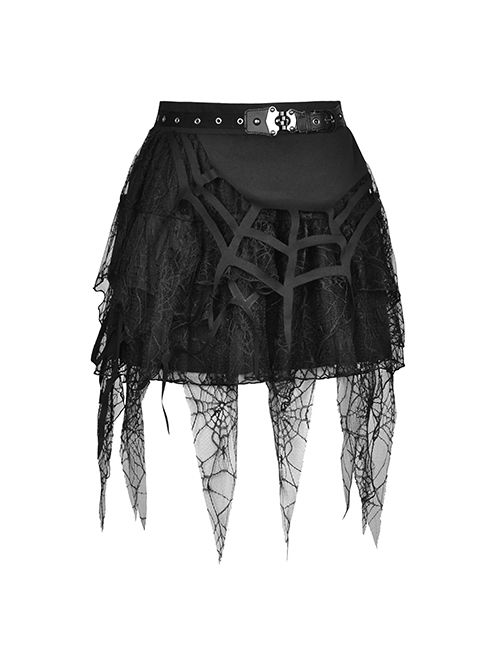 Punk Style Rebellious Girl Metal Buckle Belt Irregular Spider Web Tassel Hem Black Mini Skirt