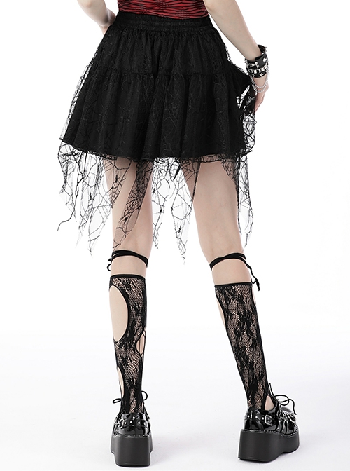 Punk Style Rebellious Girl Metal Buckle Belt Irregular Spider Web Tassel Hem Black Mini Skirt