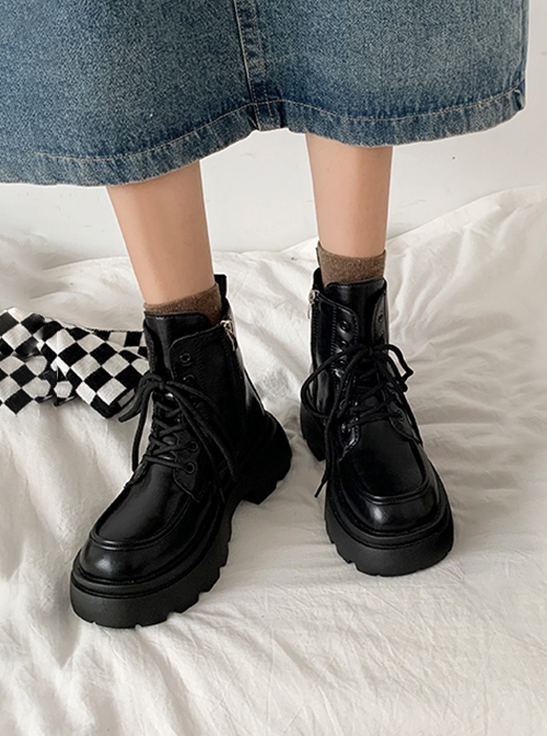 Daily Versatile Sports Leisure Cozy British Style Kawaii Fashion Lace Up Mid Tube Thick Sole Martin Boots