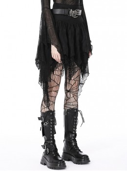 Gothic Style Personalized Ripped Lace Irregular Messy Hem Design Black High Waist Skirt