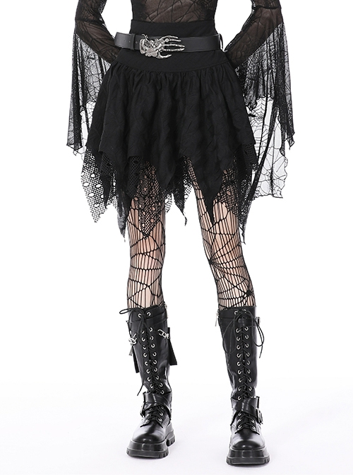 Gothic Style Personalized Ripped Lace Irregular Messy Hem Design Black High Waist Skirt