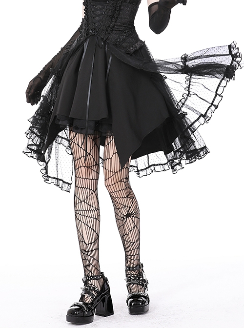 Gothic Style Luxury Palace Embroidery Exquisite Lace Ruffles Cross Ribbon Elegant Black Corset Skirt