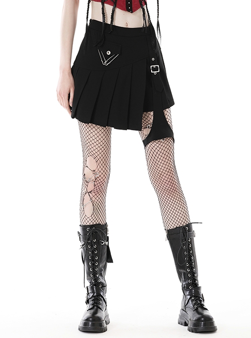 Punk Style Rebellious Metal Pin Fake Pocket Asymmetrical Leg Loop Design Versatile Black Pleated Skirt