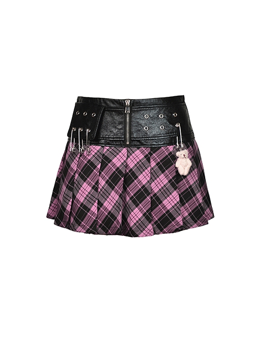 Punk Style Cool PU Leather Metal Pin Cute Bear Pendant Sweet Black And Pink Plaid Pleated Skirt