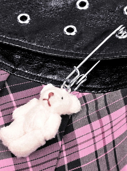 Punk Style Cool PU Leather Metal Pin Cute Bear Pendant Sweet Black And Pink Plaid Pleated Skirt