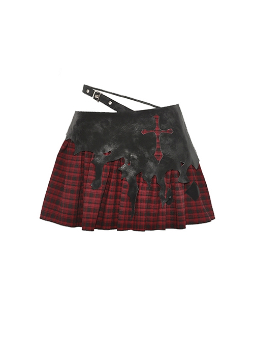 Punk Style Devil Cross Back Metal Zip Tattered Irregular Cut Black And Red Plaid Mini Skirt