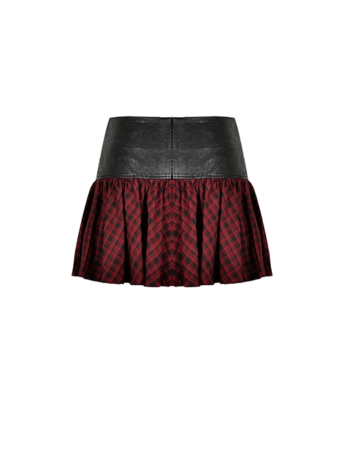 Punk Style Devil Cross Back Metal Zip Tattered Irregular Cut Black And Red Plaid Mini Skirt