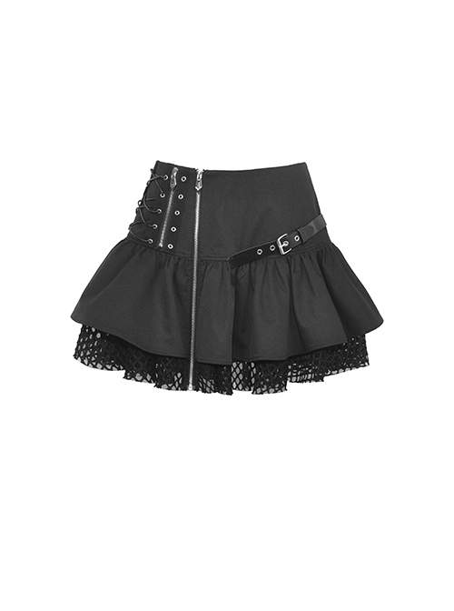 Punk Style Leather Cross Strap Asymmetrical Statement Metal Pointed Zip Mesh Hem Black Mini Skirt