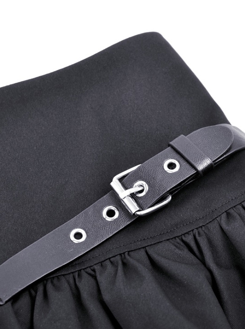 Punk Style Leather Cross Strap Asymmetrical Statement Metal Pointed Zip Mesh Hem Black Mini Skirt