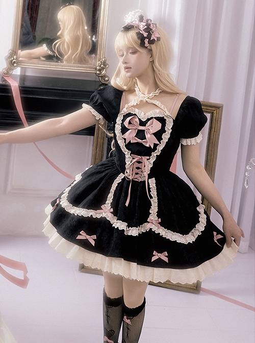 Heartbeat Love Song Series Doll Sense Heart Shape Ruffle Ribbon Bowknot Sweet Lolita Puff Sleeve Dress