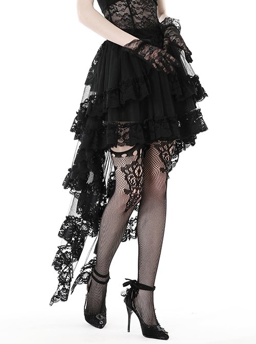 Punk Style Exquisite Pleated Gorgeous Layered Lace Long Tail Retro Black Skirt