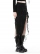 Punk Style Sexy Side Slit Cross Strap Personality Decadent Hole Irregular Hem Black Long Skirt