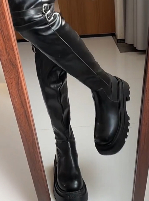 Cool Daily Versatile Black Belt Buckle Knee Korean Fashion Punk Style Heightening Thick Sole Long Boots