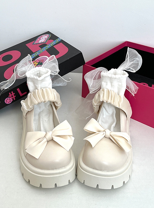 Soft Girl Daily Versatile Pleated Rope Shoelaces Sweet Lolita Kawaii Chunky Heel Thick Sole Round Toe Mary Jane Shoes