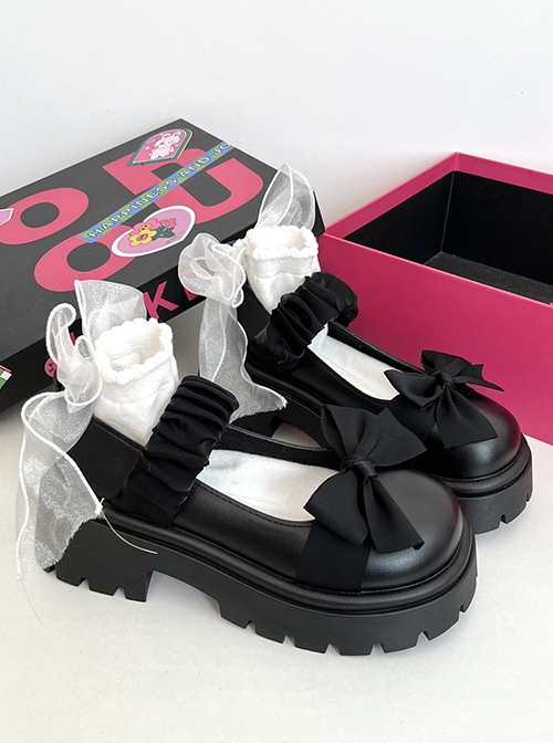Soft Girl Daily Versatile Pleated Rope Shoelaces Sweet Lolita Kawaii Chunky Heel Thick Sole Round Toe Mary Jane Shoes