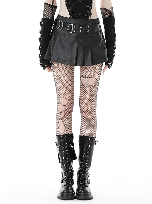 Punk Style Cool Rivet Metal Buckle Decorative Belt PU Leather Material Black Sexy Pleated Mini Skirt
