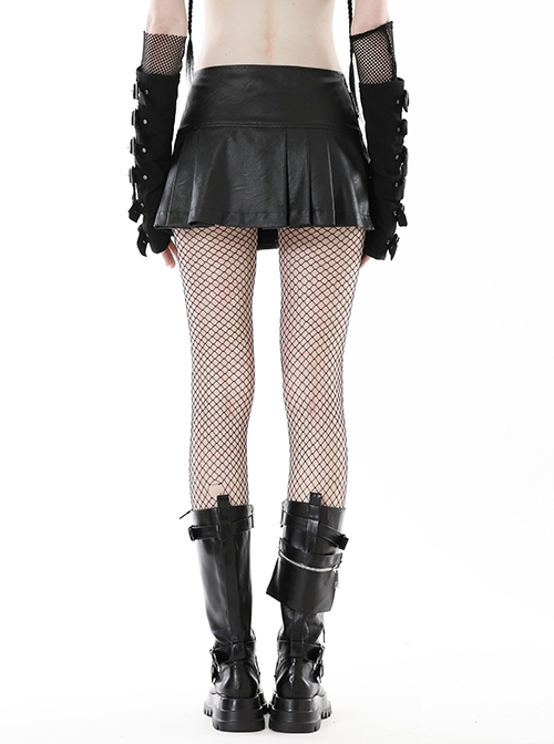 Punk Style Cool Rivet Metal Buckle Decorative Belt PU Leather Material Black Sexy Pleated Mini Skirt