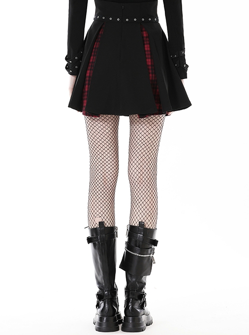 Punk Style Unique Red Plaid Splicing Exquisite Lace Straps Metal Buckle Daily Black Pleated High Waist Skirt