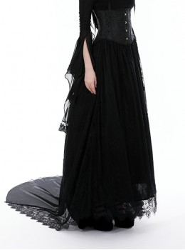 Gothic Style Palace Ruffled Delicate Mesh Lace Elastic Waist Elegant Black Maxi Tail Skirt