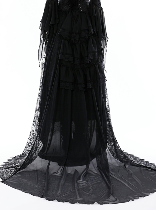 Gothic Style Palace Ruffled Delicate Mesh Lace Elastic Waist Elegant Black Maxi Tail Skirt