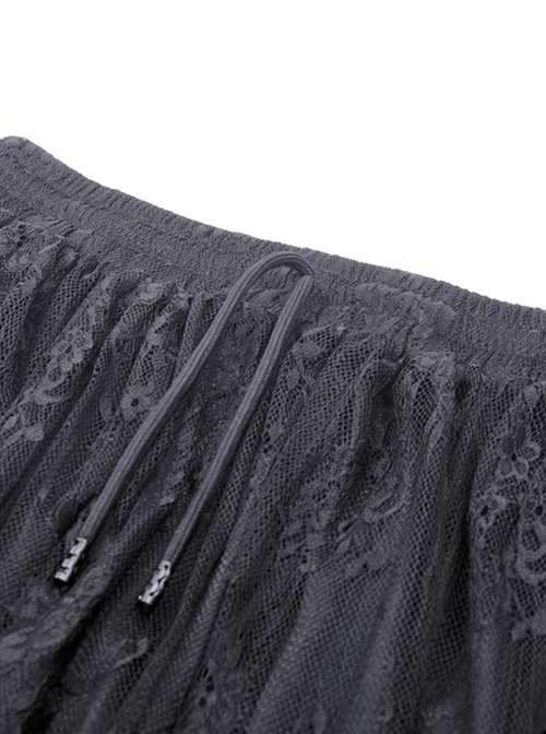 Gothic Style Palace Ruffled Delicate Mesh Lace Elastic Waist Elegant Black Maxi Tail Skirt