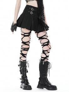 Punk Style Cool Double Row Metal Buckle Personalized Side Waist Bag Design Black Pleated Mini Skirt