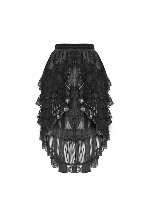 Gothic Style Luxury Velvet Exquisite Layered Mesh Lace Ruffle Elastic Waist Elegant Black Princess Skirt