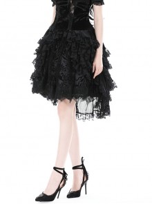 Gothic Style Exquisite Velvet Printed Mesh Layered Lace Elegant Retro Black Fluffy Palace Skirt