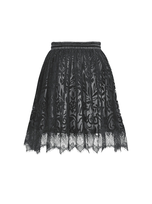 Gothic Style Exquisite Velvet Printed Mesh Layered Lace Elegant Retro Black Fluffy Palace Skirt