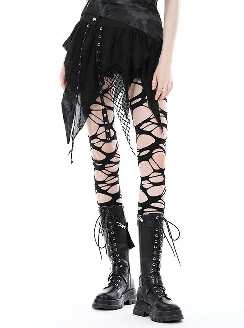 Punk Style Cool Metal Rivet Buckle Long Ribbon Personalized Irregular Hem Black Sexy Super Mini Skirt
