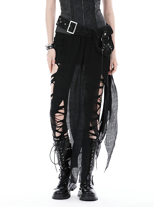 Punk Style Unique Woven Mesh Pleated Design Decadent Irregular Flowing Hem Black Slim Skirt