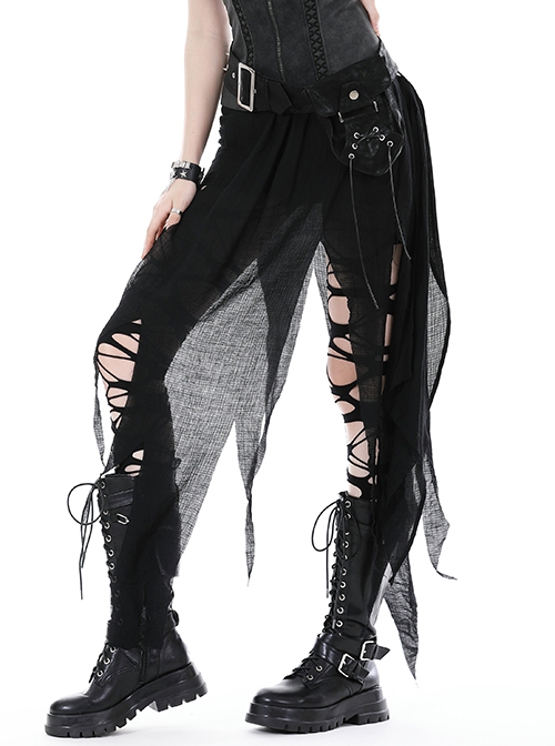 Punk Style Unique Woven Mesh Pleated Design Decadent Irregular Flowing Hem Black Slim Skirt