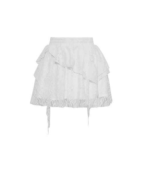 Gothic Style Exquisite Layered Lace Irregular Hem Short Tail Design Elegant Pure White Cake Skirt