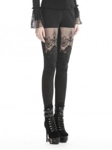 Gothic Style Retro Victoria Sexy Flower Embroidered Lace Stitching Hollow Elegant Black Tight Trousers