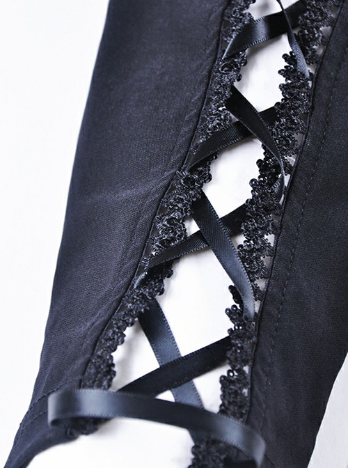 Gothic Style Retro Exquisite Floral Lace Hollow Cross Ribbon Straps Elegant Black Tight Leggings