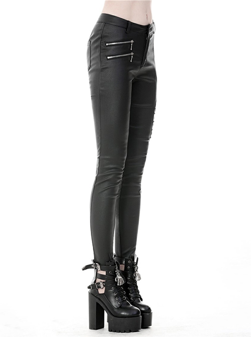 Punk Style Cool PU Leather Side Unruly Hollow Cross Strap Metal Zip Design Sexy Black Tight Trousers