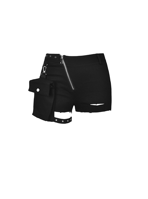 Punk Style Personalized Diagonal Metal Zip Belt Bag Leg Loop Design Distressed Edge Cool Black Shorts