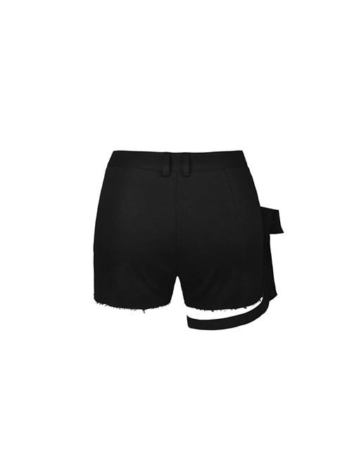 Punk Style Personalized Diagonal Metal Zip Belt Bag Leg Loop Design Distressed Edge Cool Black Shorts