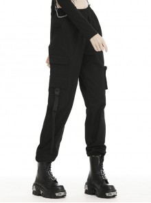 Punk Style Motorcycle Elastic Waist Trousers With Side Ribbons Large Pockets Cool Black Loose Trousers